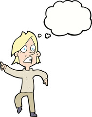 cartoon worried man pointing with thought bubble