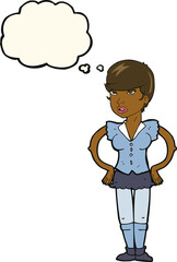 cartoon woman with hands on hips with thought bubble