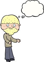 cartoon happy bearded man with thought bubble