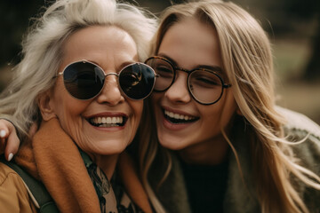 Young woman with older mother cuddling together. Mothers day. Generative ai