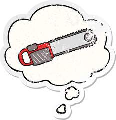 cartoon chainsaw and thought bubble as a distressed worn sticker