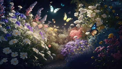 Beautiful fantasy garden with different flowers and butterfly. Blooming outdoor background. AI generative image.