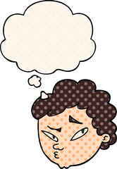 cartoon suspicious man and thought bubble in comic book style