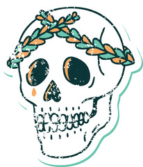 distressed sticker tattoo style icon of a skull with laurel wreath crown