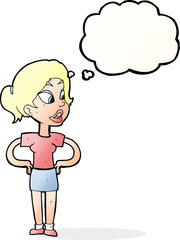 cartoon woman with hands on hips with thought bubble