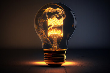 illustration of a shining lamp,old incandescent lamp glows on the table at night, save electricity,Generative AI