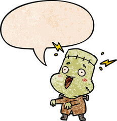cartoon undead monster creation man and speech bubble in retro texture style