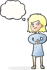 cartoon happy woman with thought bubble