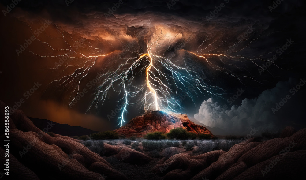 Poster a mountain covered in lightning and clouds with a lake in the foreground and a mountain in the backg