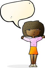 cartoon woman raising arms in air with speech bubble
