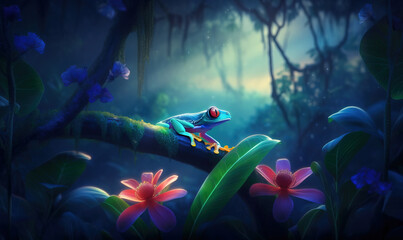 Fototapeta na wymiar a frog is sitting on a branch in the middle of a forest with flowers and plants around it, with a full moon in the background. generative ai