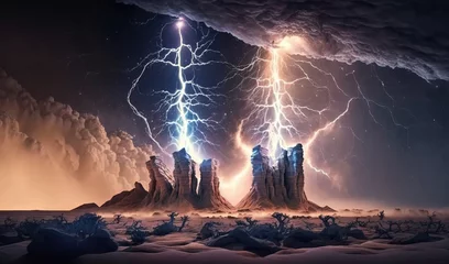 Abwaschbare Fototapete Lachsfarbe  a couple of lightning strikes over a mountain range in the night sky over a desert landscape with rocks and a large cloud in the sky.  generative ai