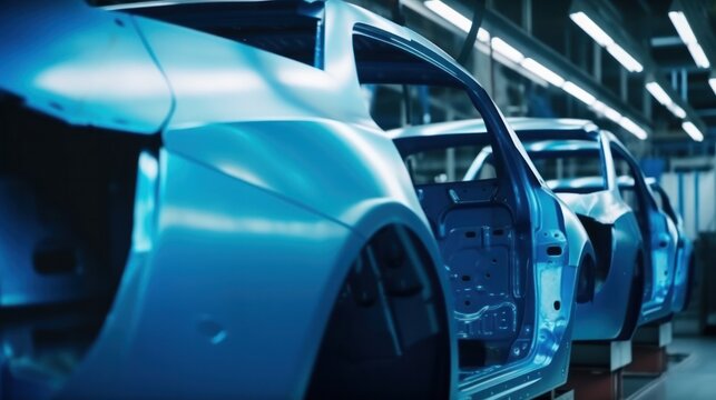 Car bodies are on Assembly line. Modern automotive industry. Generative AI.