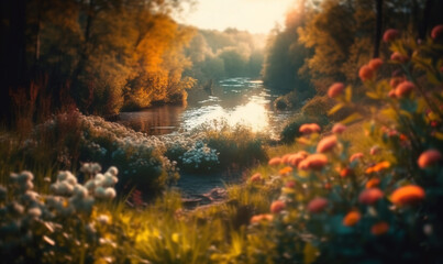 Obraz premium a river running through a lush green forest filled with flowers and trees with a sun shining through the trees above the water's edge. generative ai