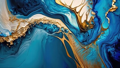 Beautiful abstract blue, turquoise, and gold colors paint wavy smears on white, modern luxury art, acrylic or oil paints. Artistic background. AI generative image.