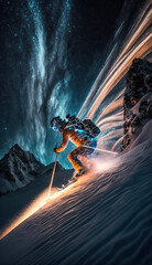 Stunning view of jumping skier doing tricks at winter night with beautiful illuminated sky. Long exposure motion. Extreme sport vertical background. AI generative image.