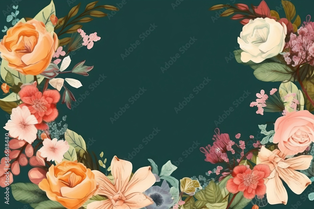 Poster a floral frame with flowers and leaves on a green background with a place for the text in the middle