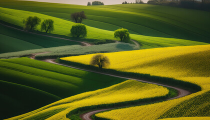 Beautiful landscape with aerial view on sunny agricultural crop fields. AI generative picture.