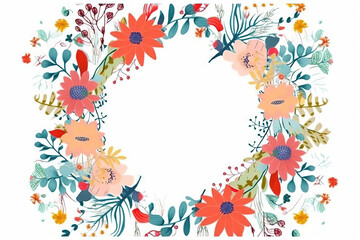 Fototapeta na wymiar a floral frame with a white background and a white circle in the middle of the frame is a floral arrangement with red, orange, blue, green, and yellow flowers. generative ai
