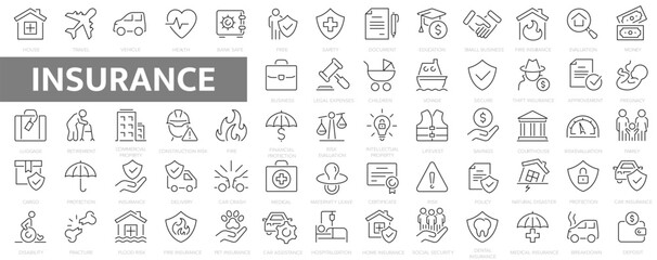 Insurance icons set. Vehicle, health insurance, beneficiary, repair, coffin, glasses and more. Outline icons collection.