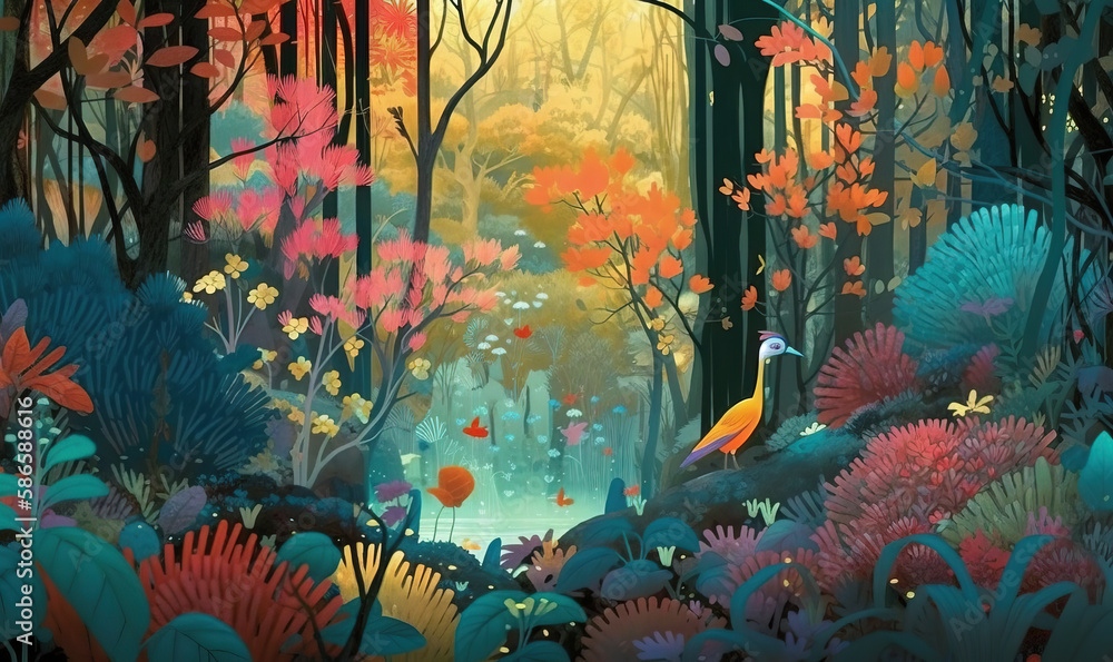 Poster a painting of a forest with a bird in the middle of the forest, surrounded by trees and flowers, wit