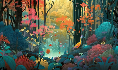  a painting of a forest with a bird in the middle of the forest, surrounded by trees and flowers, with a pond in the middle of the forest.  generative ai