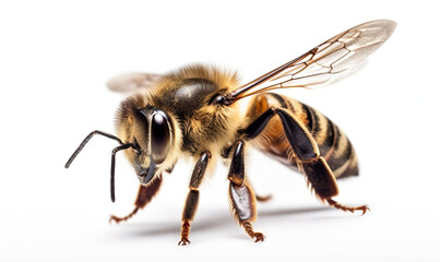  a close up of a bee on a white background with a white back ground and a black and yellow stripe on the front of the bee.  generative ai
