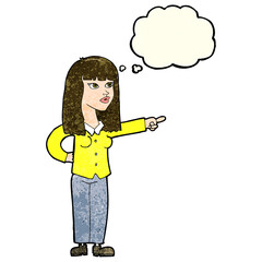 cartoon pretty woman pointing with thought bubble