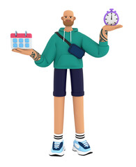Young beard man holding clock and calendar. Planning schedule and self organization concept. 3d render illustration. Isolated on white background