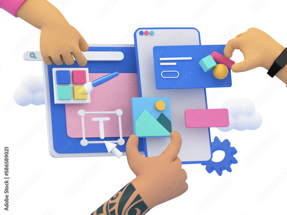 Poster 3d hands building web page and application design, ui and ux and web design concept. abstract  icons