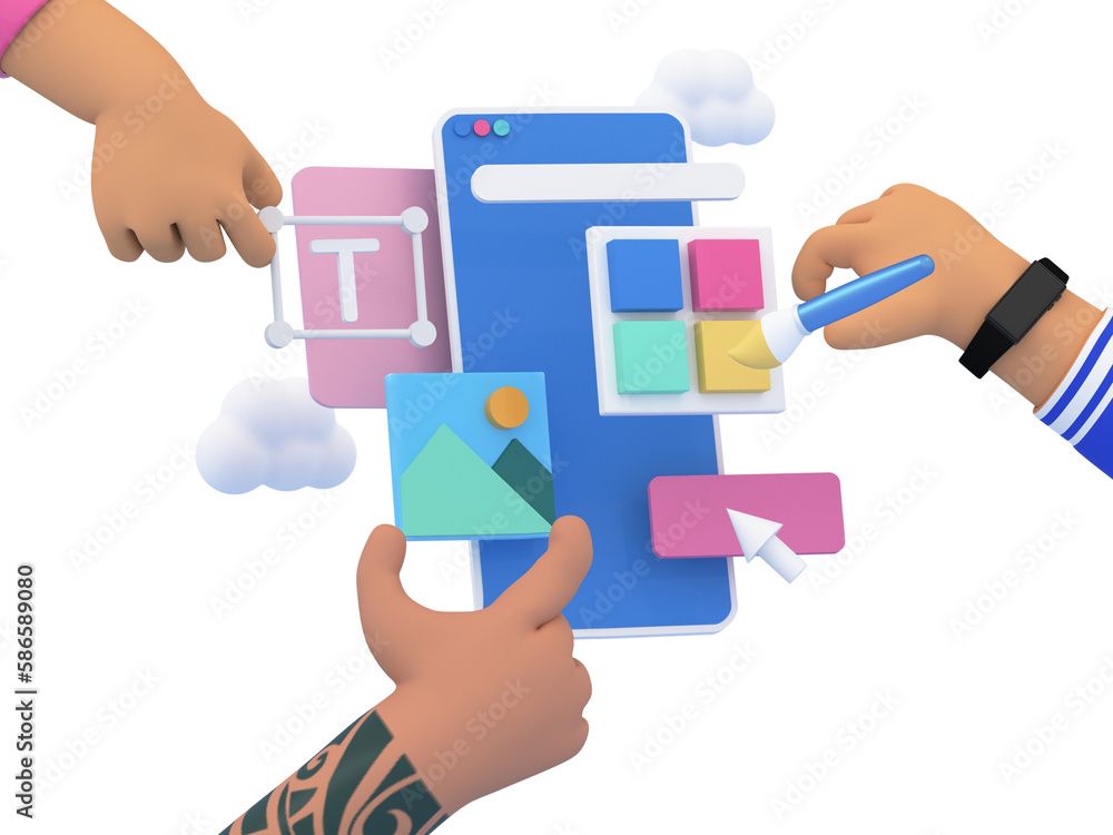 Poster 3d hands building application design, ui and ux design concept. abstract icons floating around the s