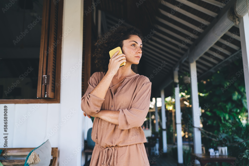 Poster millennial female connecting to 4g in roaming for calling and talking with operator about internatio