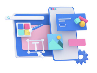 3d web development and application design process, UI-UX and web design concept. Abstract icons floating around the screen. 3d rendering illustration