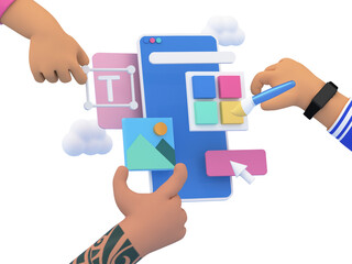 3d hands building application design, UI and UX  design concept. Abstract  icons floating around the screen. 3d rendering illustration.