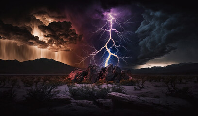 a lightning bolt hitting over a mountain in a desert landscape with a dark sky and clouds in the background and a lightning bolt in the middle of the sky.  generative ai