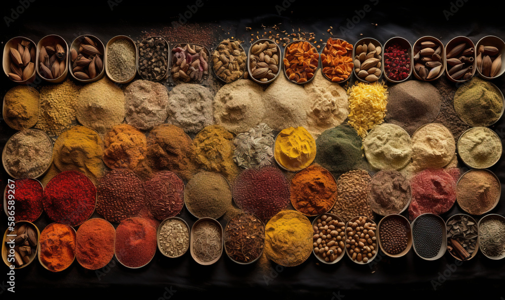 Poster a large display of different types of spices and grains in bowls and spoons on a black background wi