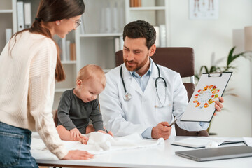 Obraz premium Holding paper with picture of food and vitamins. With baby and mother. Doctor in formal clothes