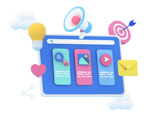  3D  screen  with video player, gallery, seo analysis with floating elements. Digital Marketing, web analytics, seo optimization, social media concept. 3d render illustration.