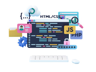 Frontend development languages, software engineering, IT technologies, working on website or application, ui ux design concept. 3d rendering illustration.