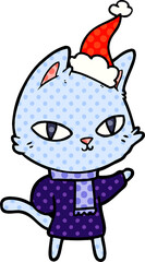 comic book style illustration of a cat staring wearing santa hat
