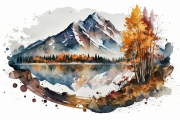 Watercolor mountain autumn landscape with snow on the peaks. (Generative AI)