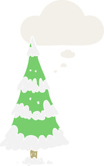 cartoon christmas tree and thought bubble in retro style
