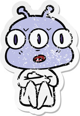 distressed sticker of a cartoon three eyed alien