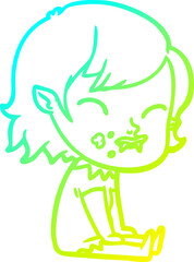 cold gradient line drawing cartoon vampire girl with blood on cheek