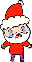 comic book style illustration of a bearded man crying wearing santa hat