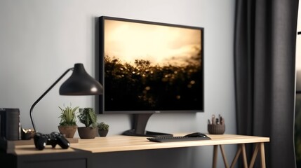 A dark workstation with a lamp decorates a wooden table, A room for gaming late at night cozy warm, and minimal dark tone, and A small plant on a table of the gaming setup.