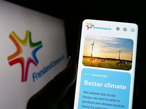 Stuttgart, Germany - 03-25-2023: Person holding cellphone with webpage of company Koninklijke FrieslandCampina N.V. on screen in front of logo. Focus on center of phone display.