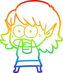 rainbow gradient line drawing cartoon shocked elf girl