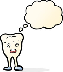 cartoon happy tooth with thought bubble