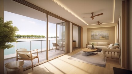 home interior design concept living family area contemporary interior style with nature sky and garden view in terrace, image ai generate